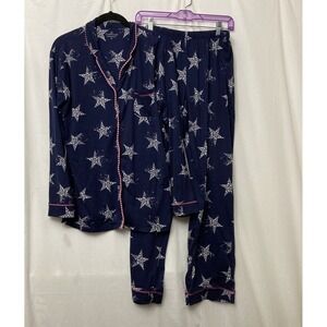 Cuddl Duds Navy w/White Stars & Pink Pom-Pom Trim Pajama Set - SZ M
